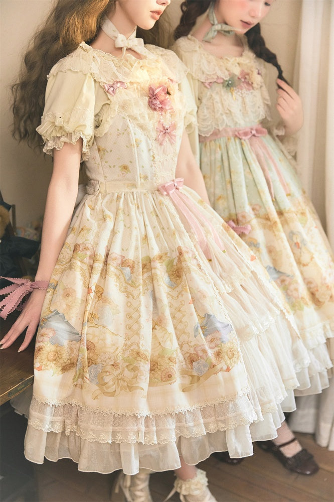 Sweet Light Print Jumper Beige Skirt Farm Sunflowers and Lolita Ducks