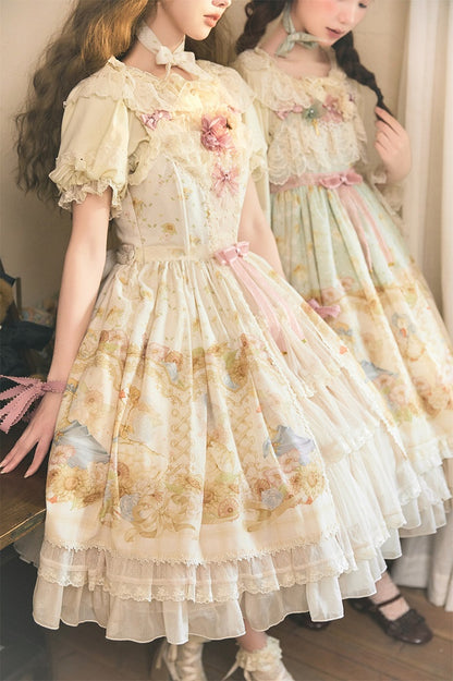 Sweet Light Print Jumper Beige Skirt Farm Sunflowers and Lolita Ducks