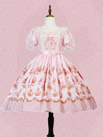 Pink Rabbit Floral Print Lolita OP Dress with Lace Details - Strawberry Witch