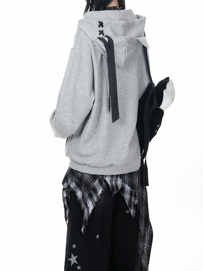 Zip-Up Gray/Black Print- Detail Cat Cat-Ear Adorable and Regular/Fleece Hoodie Lining with Options Lace-Up