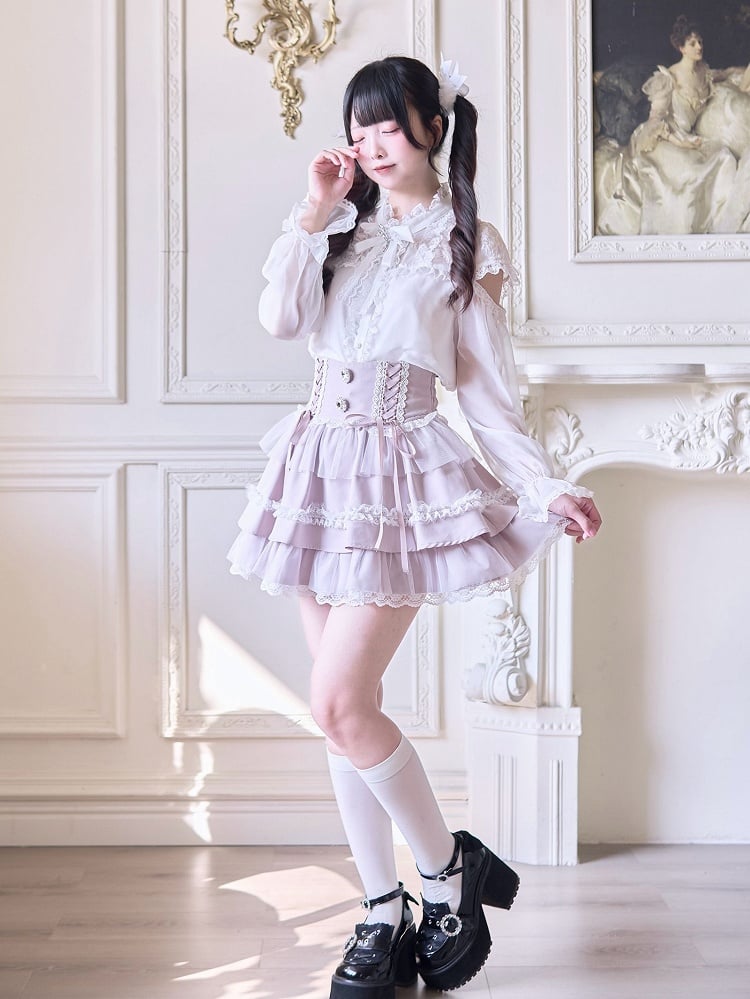 Rhinestone Design Tiered Embellishments Skirt Pink and Jirai High Lace-up Kei Front with Waist