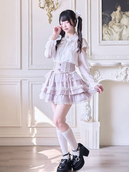 Rhinestone Design Tiered Embellishments Skirt Pink and Jirai High Lace-up Kei Front with Waist