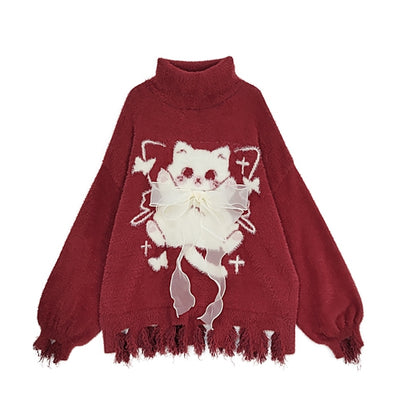 赤い猫柄のリボンアクセント、ディストレストリムのハイネック、着心地の良いセーター