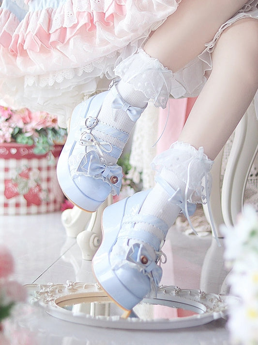 Kitten Blue Shoes Motifs Pattern with Platform Delicate Lolita Button-Embellished Striped Sweet Top Bow Mary in Jane