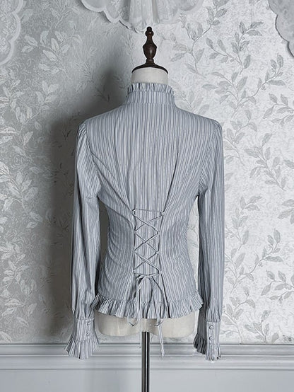 Blue Striped Tie Bow Ruffled Lolita Gray Blouse with
