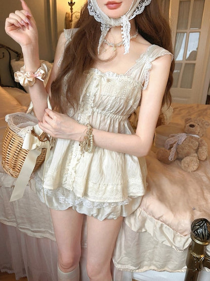 Top With Bows Satin Trim Lace Cami Apricot