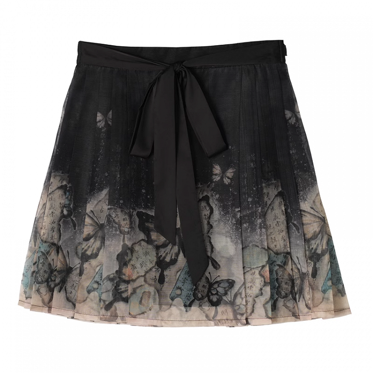 Butterfly Print Skirt Version Long/Short Cheongsam Horse-Face Pleated Style Black