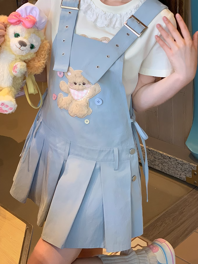 Adjustable Plush Bear Applique Blue Box Pleat Overall Dress Straps Shoulder