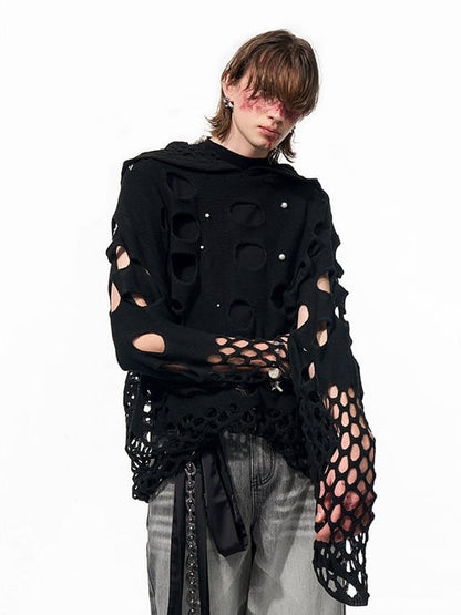 Hoodie Men's Knit Hollow-out Bead with Black Embellishments
