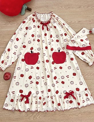 Beige Red Apple Print Long Sleeve Bow Dress - Tan Tuan