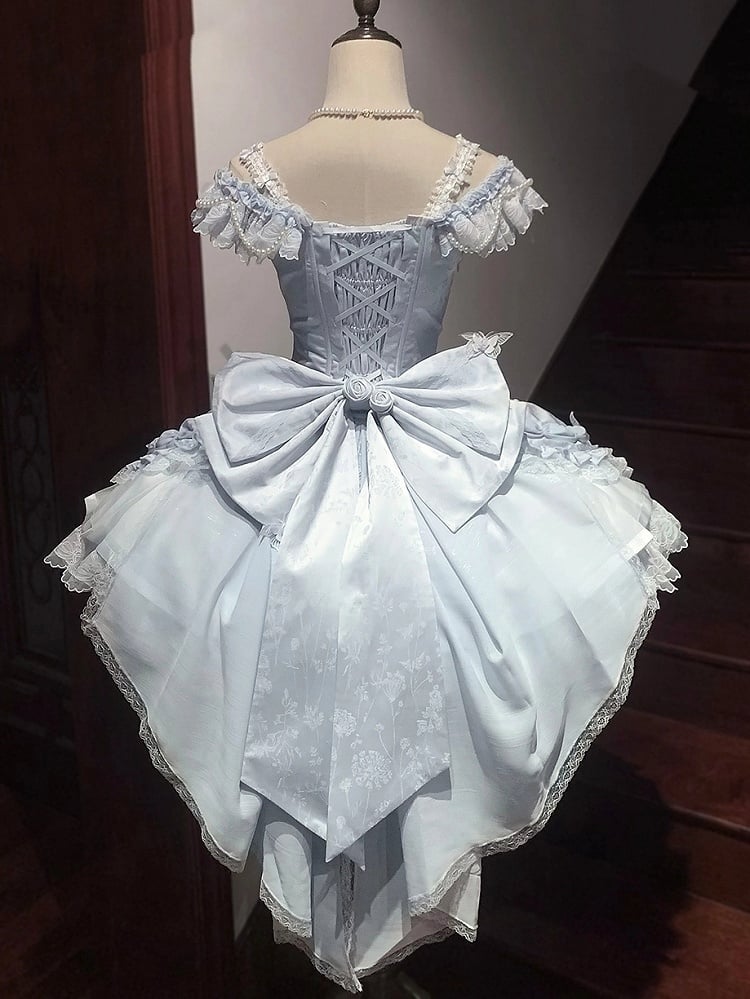 Princess Balletcore Bead Corset Bow Skirt Chains Lolita Jumper Blue Elegant and with Accents