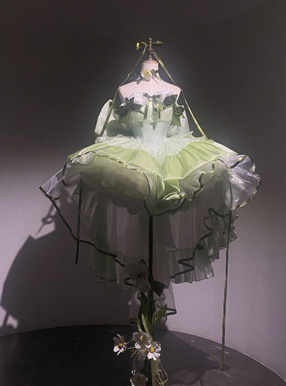 Green Balletcore Puffy Dress with Bow Accents - POSHEPOSE