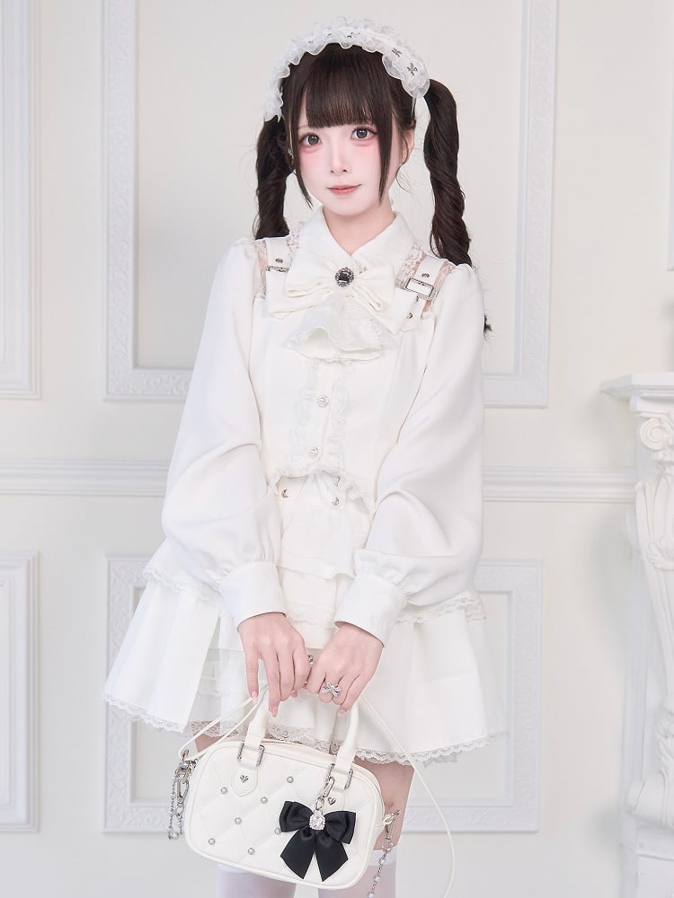 Verzierte Bluse Illusion mit Riemendetails Schnallenausschnitt Weiß Kei Jirai