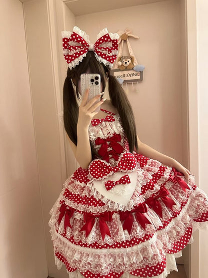 Kleid Schleife Polka Rock Lolita Dots Schule Altes Muster Roter Pullover Akzente