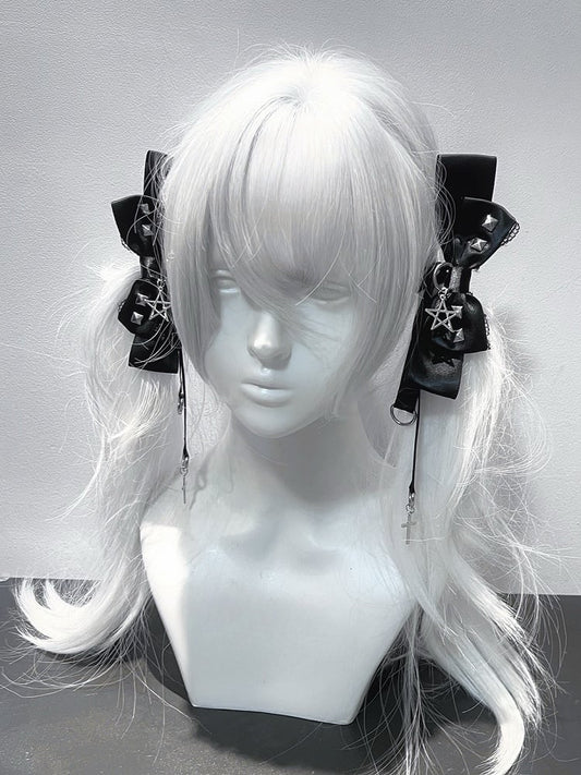 Bow Hairclips Black/Gray Punk Pentacle Kei Charm Studded Jirai