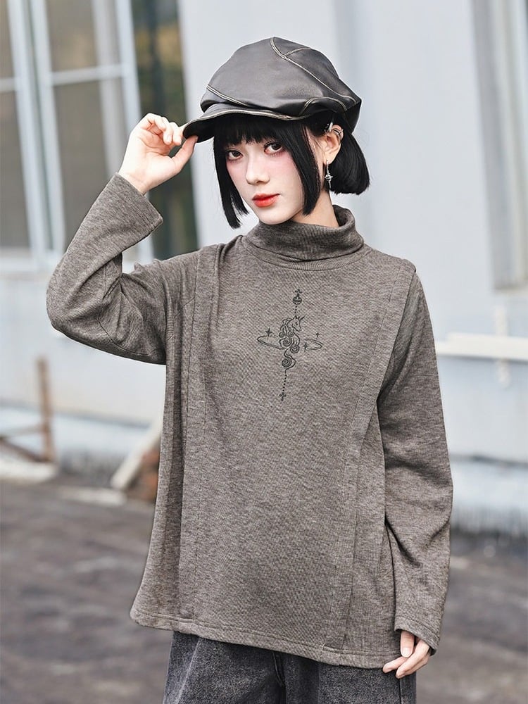 Unicorn Print Brown Turtleneck Long Sleeve Top for Spring Autumn - Quirky Hut