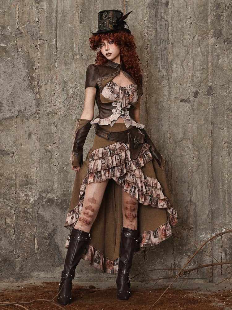 Jupe asymétrique marron style steampunk rétro à volants