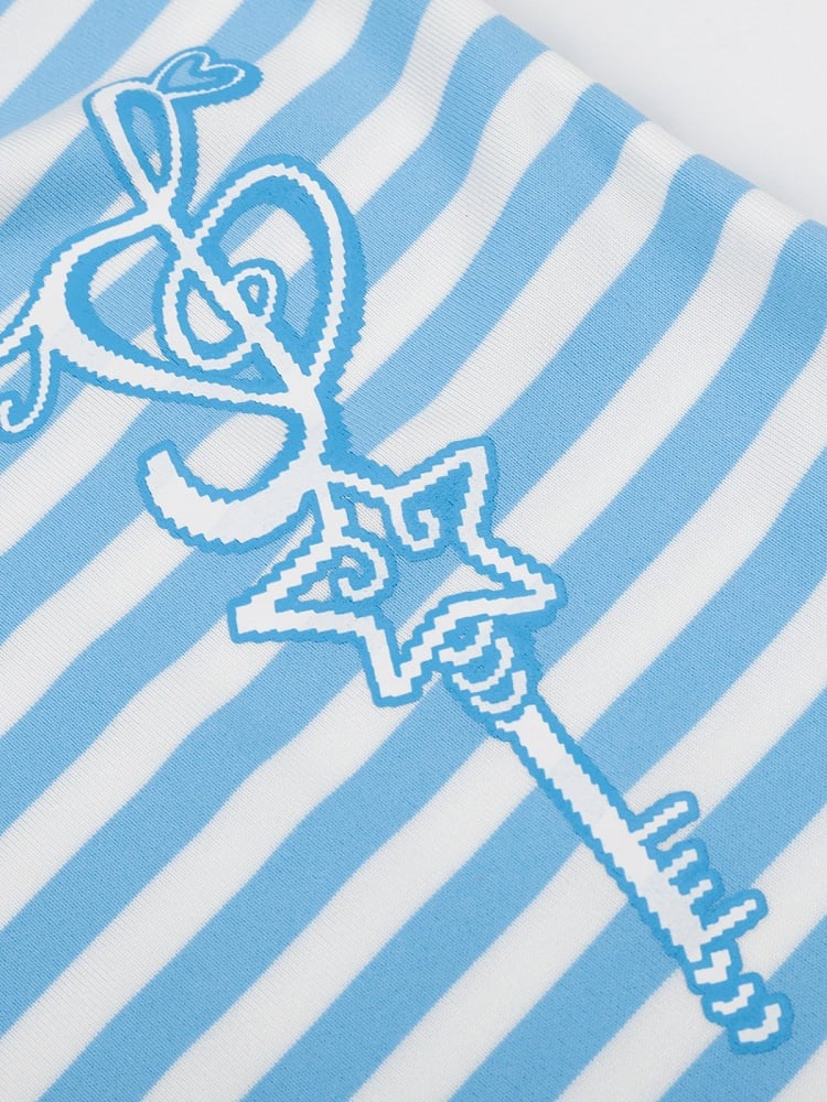 Blue Striped Tank Top with Ruffle Trim and Key Print - Languid Park