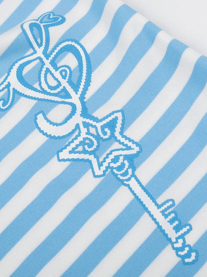 Blue Striped Tank Top with Ruffle Trim and Key Print - Languid Park