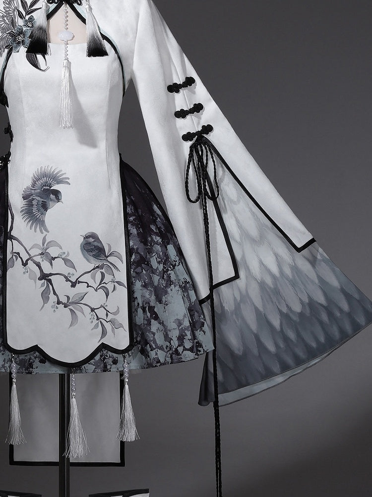 Monochrome Plum Blossom Bell-Sleeve Crop Top with Tasseled Hanfu Charm - Han Ru Chu Hanfu & Han-Element Studi