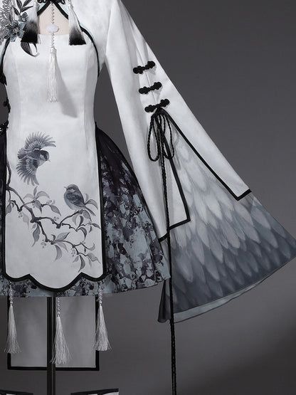 Monochrome Plum Blossom Bell-Sleeve Crop Top with Tasseled Hanfu Charm - Han Ru Chu Hanfu & Han-Element Studi