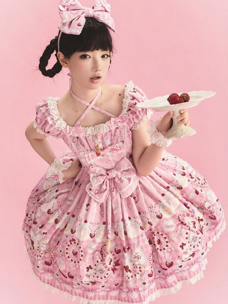Cat Print Rose Sweet Lolita OP Dress with Removable Crisscross Halter Straps - Pastry Chef