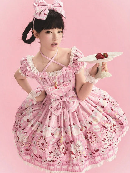 Cat Print Rose Sweet Lolita OP Dress with Removable Crisscross Halter Straps - Pastry Chef