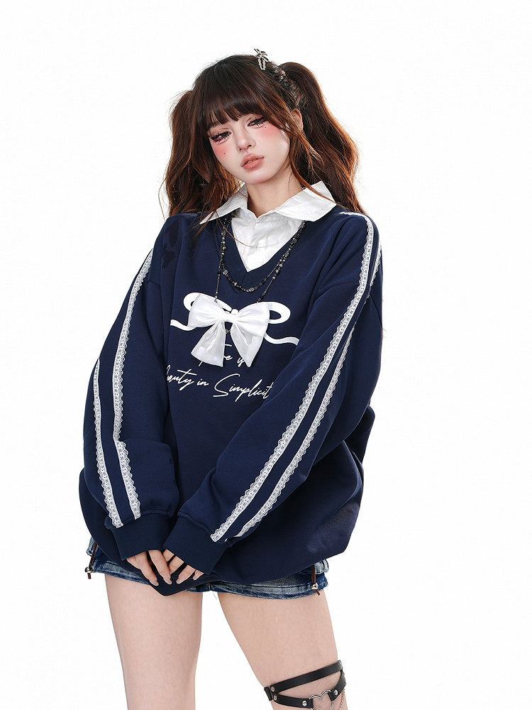 Marineblaues zweiteiliges Sweatshirt mit Polokragen und abnehmbarer Schleife