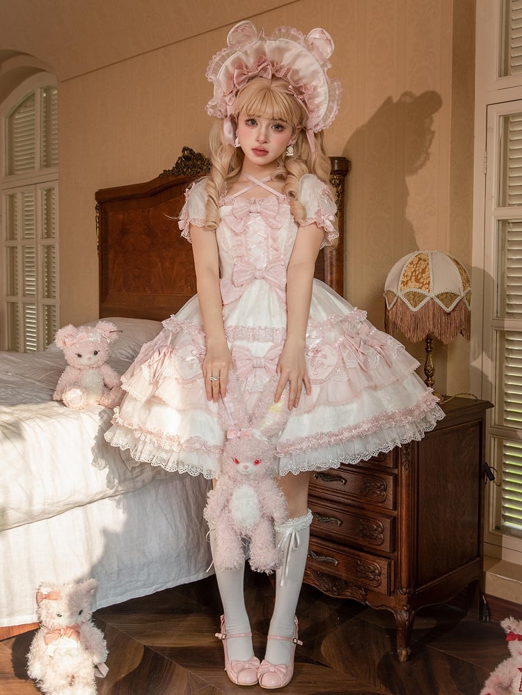Herz Weiß Lolita Süße Applikation Hase und Stickerei Akzente Kleid Rosa Schleife