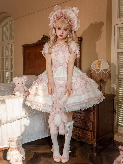 Herz Weiß Lolita Süße Applikation Hase und Stickerei Akzente Kleid Rosa Schleife
