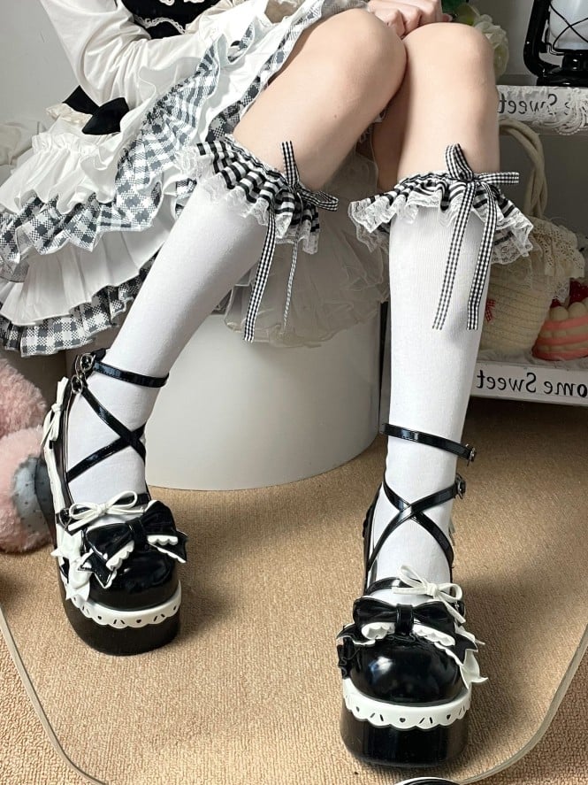 Calf White Cuff 2 Plaid Socks Pattern Options Black Ruffled