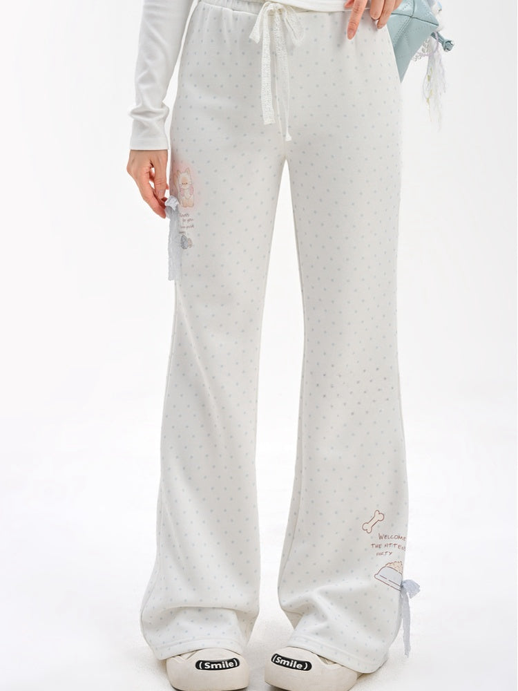 Weiß-blaue Schlaghose, normale/lange Version, gepunktete Spitzenschleife, bezaubernder Kätzchendruck