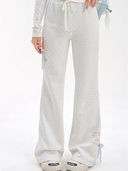 Weiß-blaue Schlaghose, normale/lange Version, gepunktete Spitzenschleife, bezaubernder Kätzchendruck