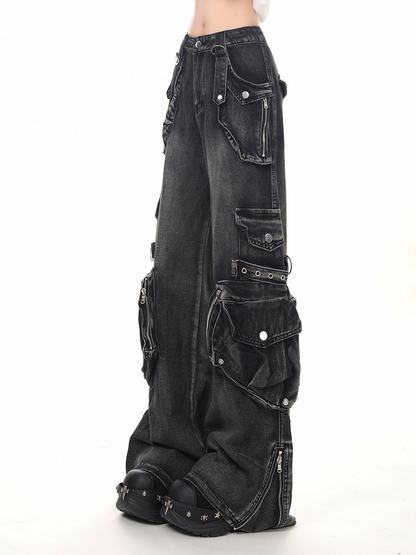 Zip Cuffs and Faded Low Waist Jeans Black/Blue with Punk Flare Cargo Wash