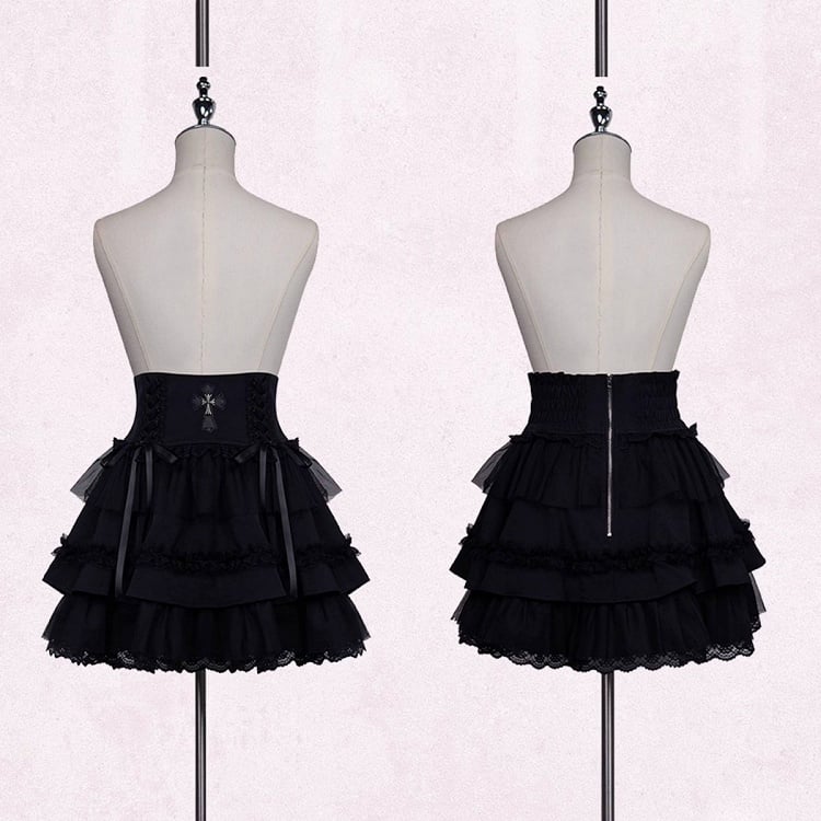 Jirai and Tiered with Details Skirt Lace Lace-up Cross Kei Ruffle Black