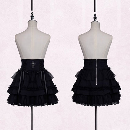 Jirai and Tiered with Details Skirt Lace Lace-up Cross Kei Ruffle Black