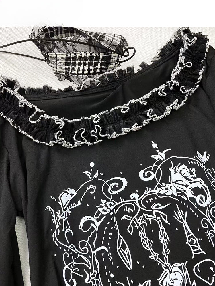 Gothic Black Y2K Ruffle Neckline Asymmetrical Hem Top