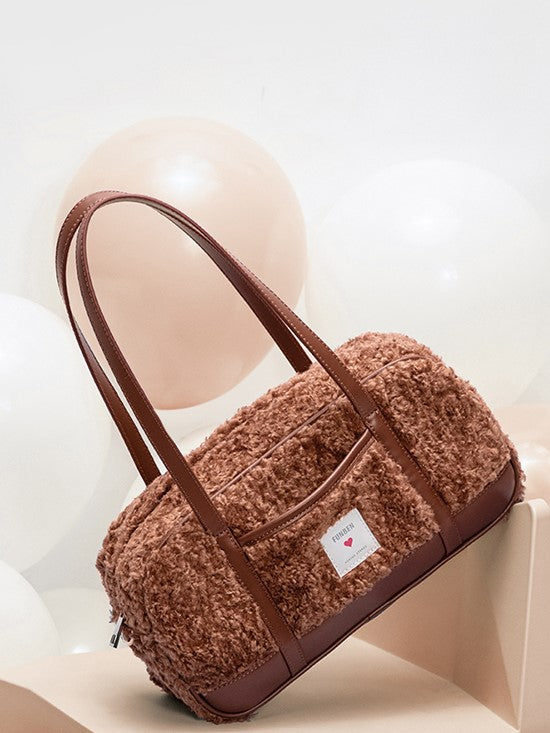 Baguette Faux with Fur Brown Heart Tag Teddy Bag