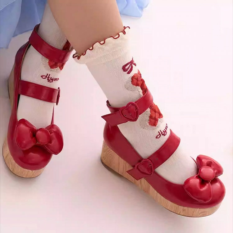 Heart - Top Bow Buckles at Red Platform PU Shoes