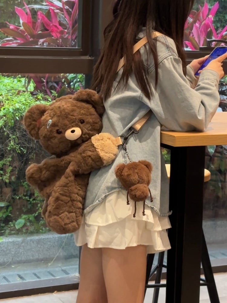 Brown Bear Plush Backpack Crossbody Bag Small/Middle/Large Size