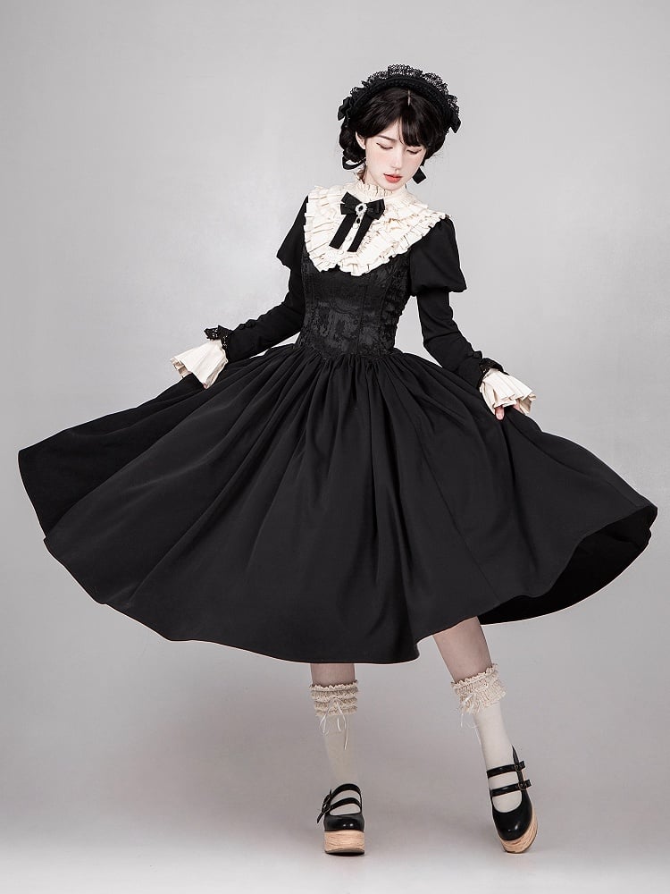 Black Long Version Boned Waist Square Neckline Dress Elegant Lolita Full Set