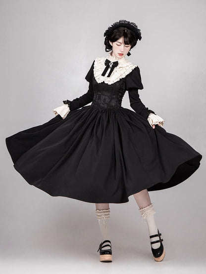 Black Long Version Boned Waist Square Neckline Dress Elegant Lolita Full Set