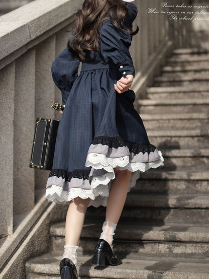 Ärmel Ein Blaues Klassisches Plaid mit Elegantem Lolita Long in Piece Taillengürtel Navy