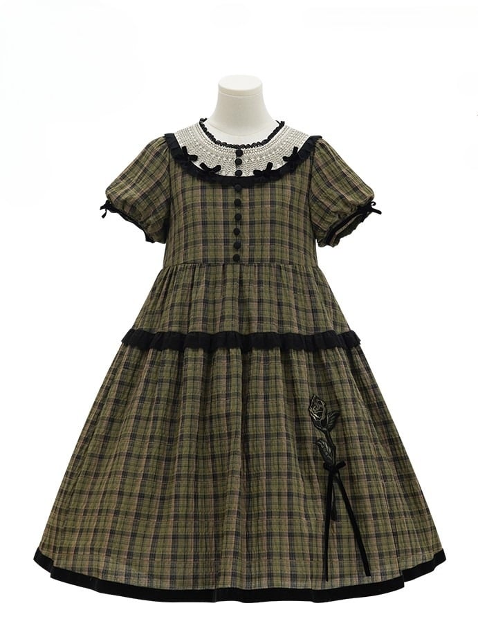 Klassische Stickerei Grün mit Ärmeln und Rose Eleganter Besatz Kurzes kariertes Lolita Schwarzes Kleid