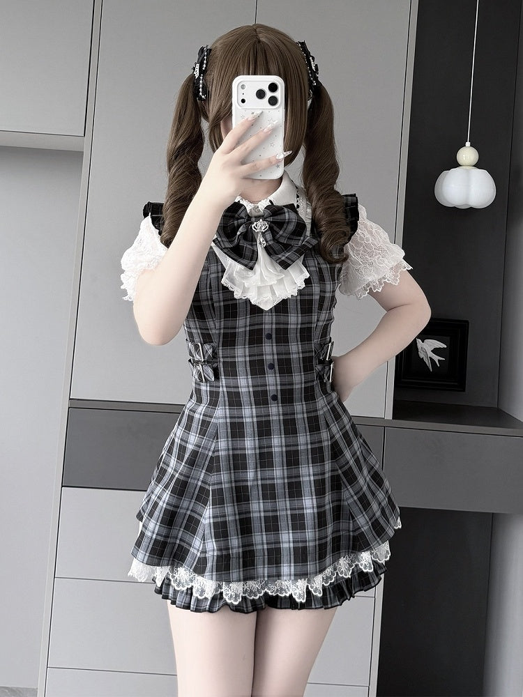 Jabot Black & White Jirai-Kei Plaid Short Sleeve Gown with Lace Bow Accents + Matching Shorts Set - Puzzles