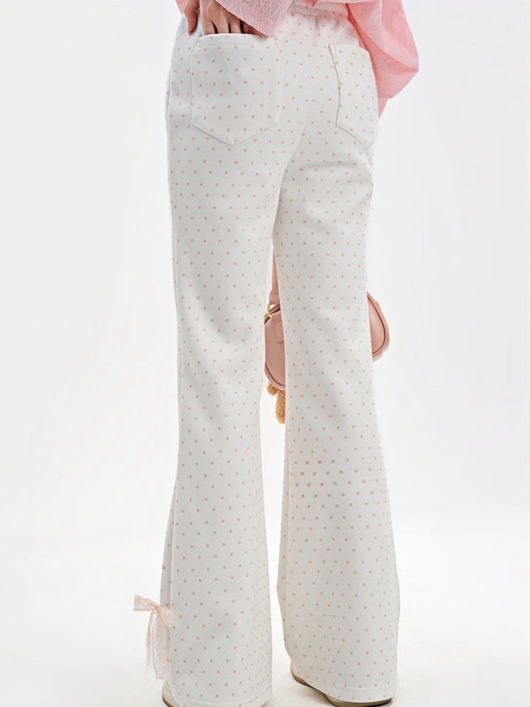 Schlaghose mit gepunkteter Spitze und Schleife, entzückendes Kätzchen-Print, Version Normal/Lang, Rosa, Weiß