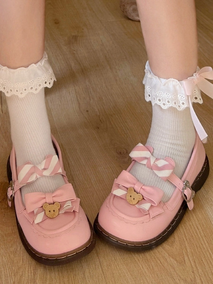 - 2 cm süße, gleichmäßig gestreifte Flats mit rosa Schleife und PU-Lolita-Sohle