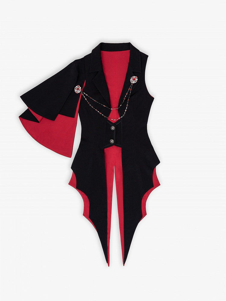Vampire Prince Black and Red Split-Tail Waistcoat with One-Shoulder Cape - DevilInspired Exclusive Collection
