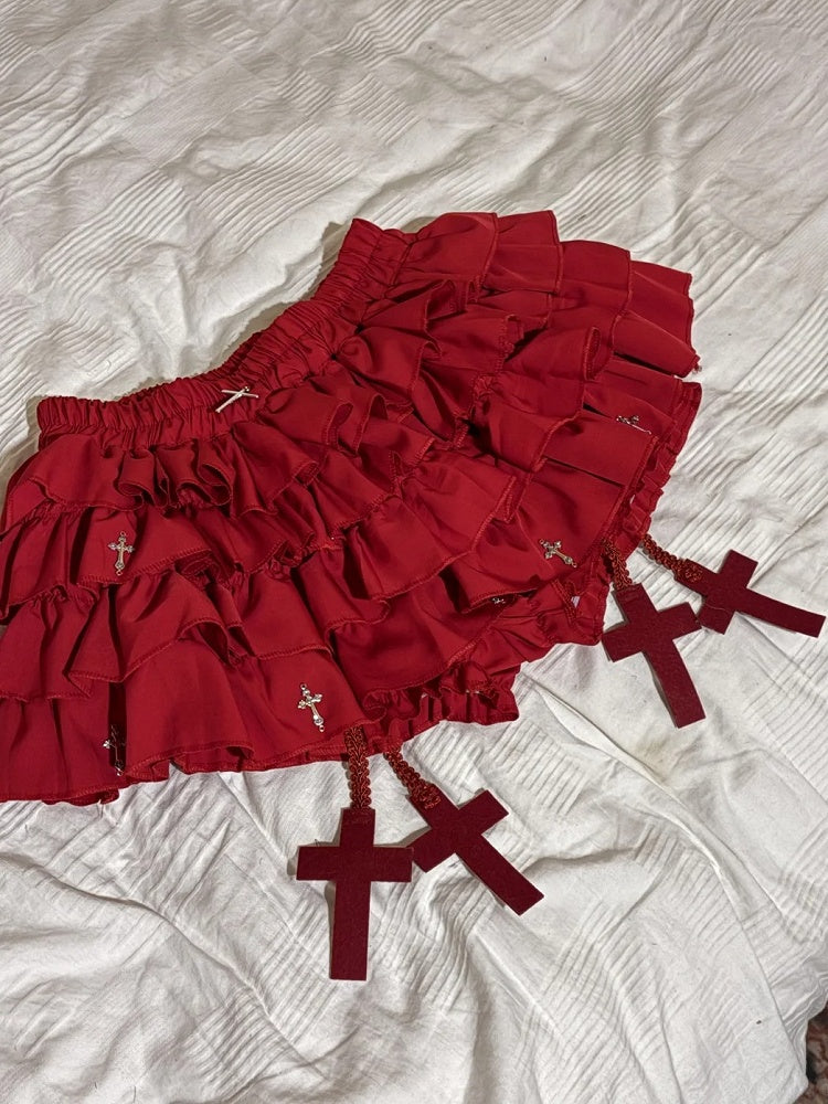 Gothic Red Cross Charms Tiered Ruffles Skort