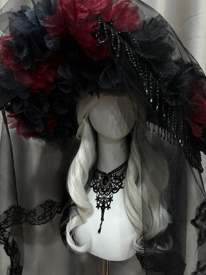 Black Red Gothic Floral Long Lace Trim Hat Beaded Tassel - Custom Made Earrings